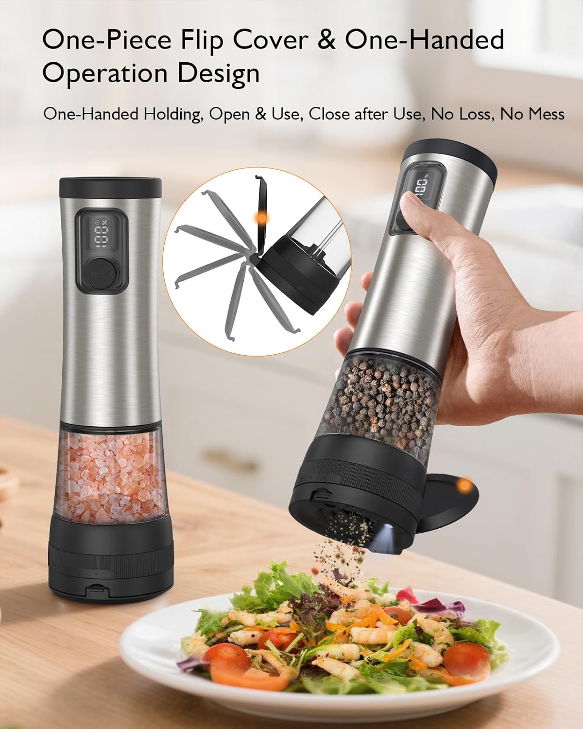 AMOSA Electric Salt and Pepper Mill Set, Battery Display, Rechargeable Base