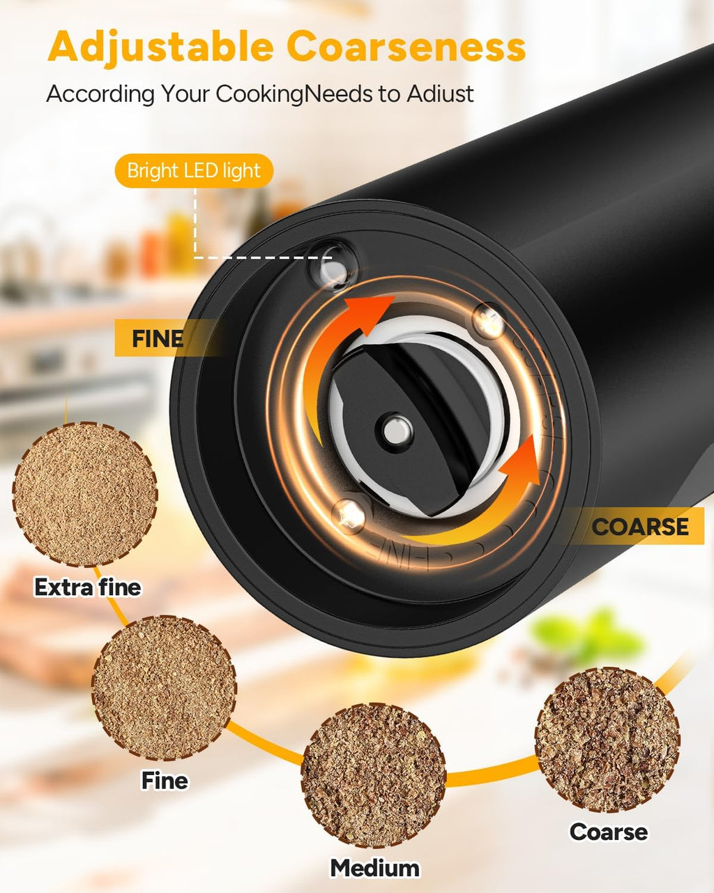 Electric Salt and Pepper Grinder - Top Filling, 5 Levels - Large Capacity 120ml - Set of 2 Battery Operated Pepper Mills - Complete with Base and White LED Light