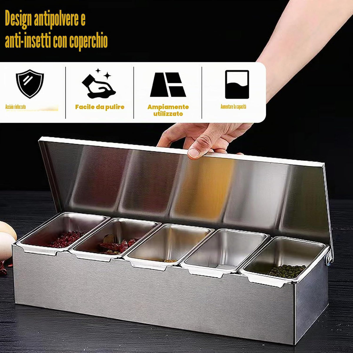 Ingredient Container with Lid and Spoon, Spice Container, Ingredient Container, BBQ Container, Pizza Container, Outdoor Kitchen Accessories Stainless Steel (5