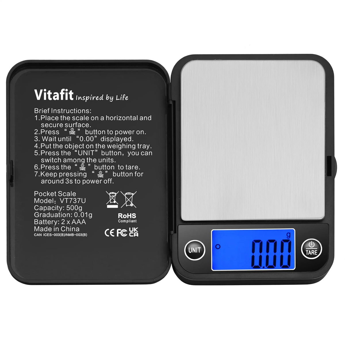 Vitafit 500g Bilancia di Precisione 0.01g, Bilancia Tascabile LCD Blu, Nera