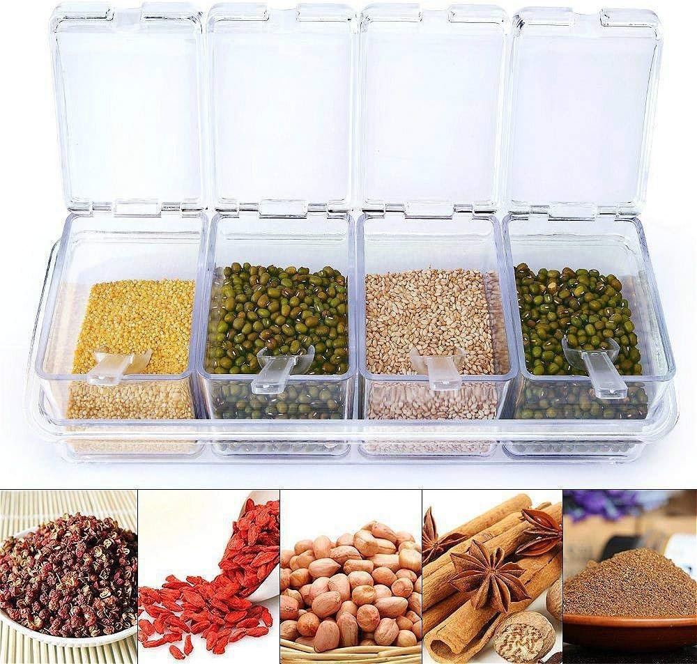 YIQI Clear Condiment Rack Spice Pots - 4 Piece Acrylic Condiment Box - Condiment Container Jars - Ampoule with Cover and Spoon
