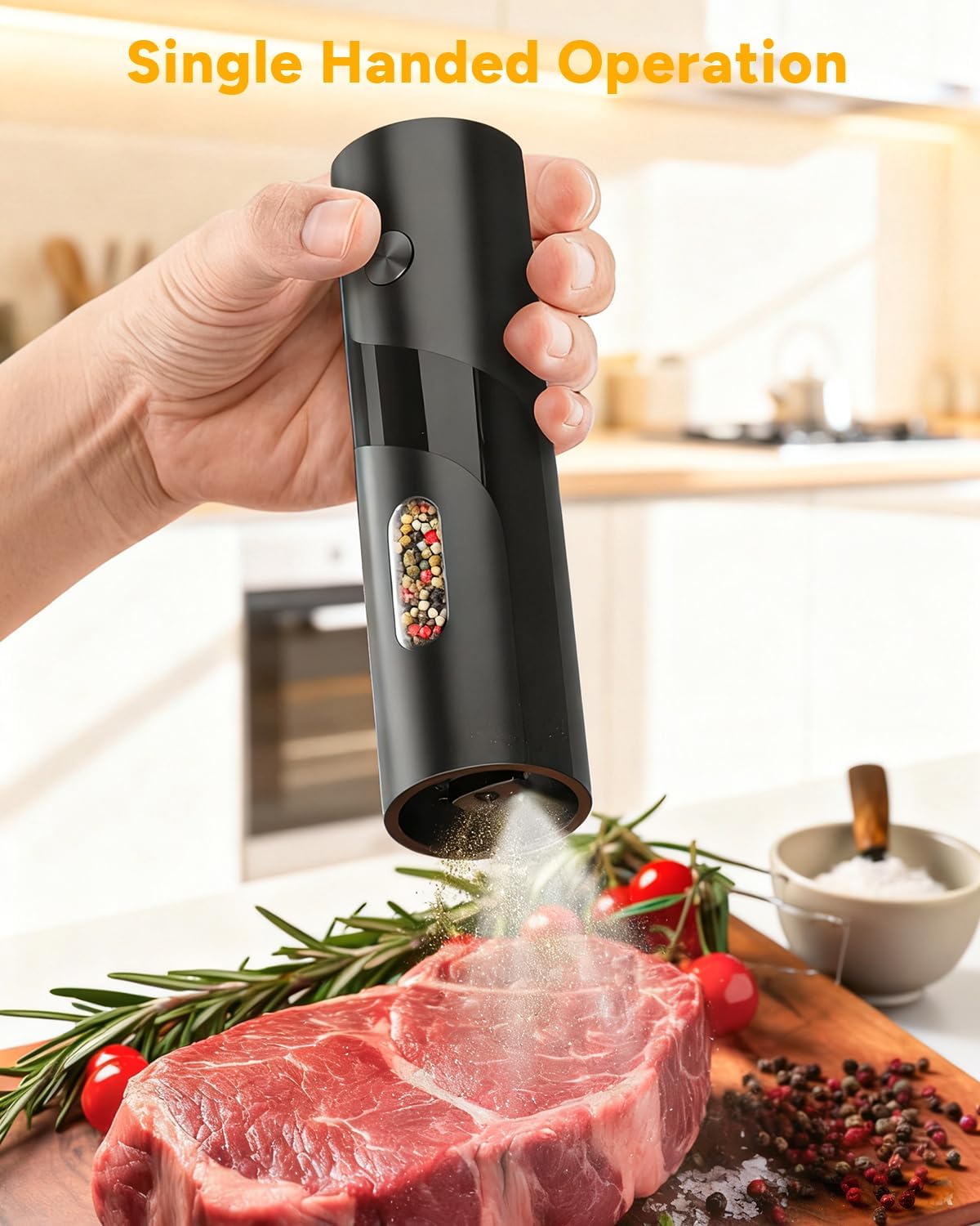 Electric Salt and Pepper Grinder - Top Filling, 5 Levels - Large Capacity 120ml - Set of 2 Battery Operated Pepper Mills - Complete with Base and White LED Light