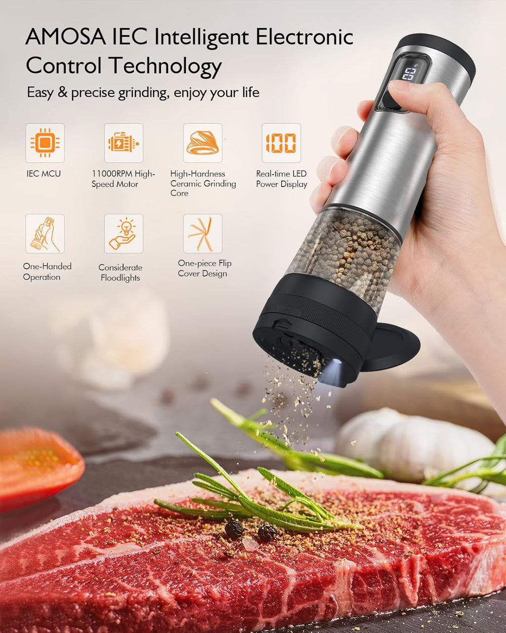 AMOSA Electric Salt and Pepper Mill Set, Battery Display, Rechargeable Base