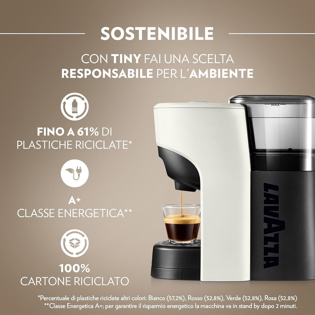 Lavazza, A Modo Mio Macchina per Caffè Tiny Bianca con 64 Capsule Qualità Rossa Incluse, Macchina per Espresso in Plastica Riciclata, 1450 W, 220-240 V, 50/60 Hz, 0.6 Litri