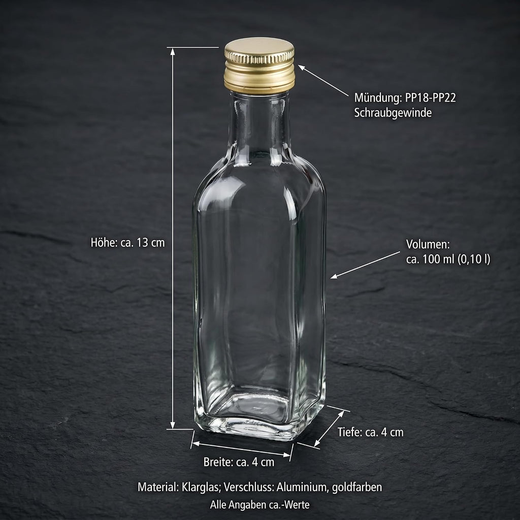 gouveo Set of 24 Square Maraska Glass Bottles (0.10L) with Gold Screw Cap PP 24 for Liqueur Syrup Oil Vinegar Portion and Tasting Bottles (MFET100G)