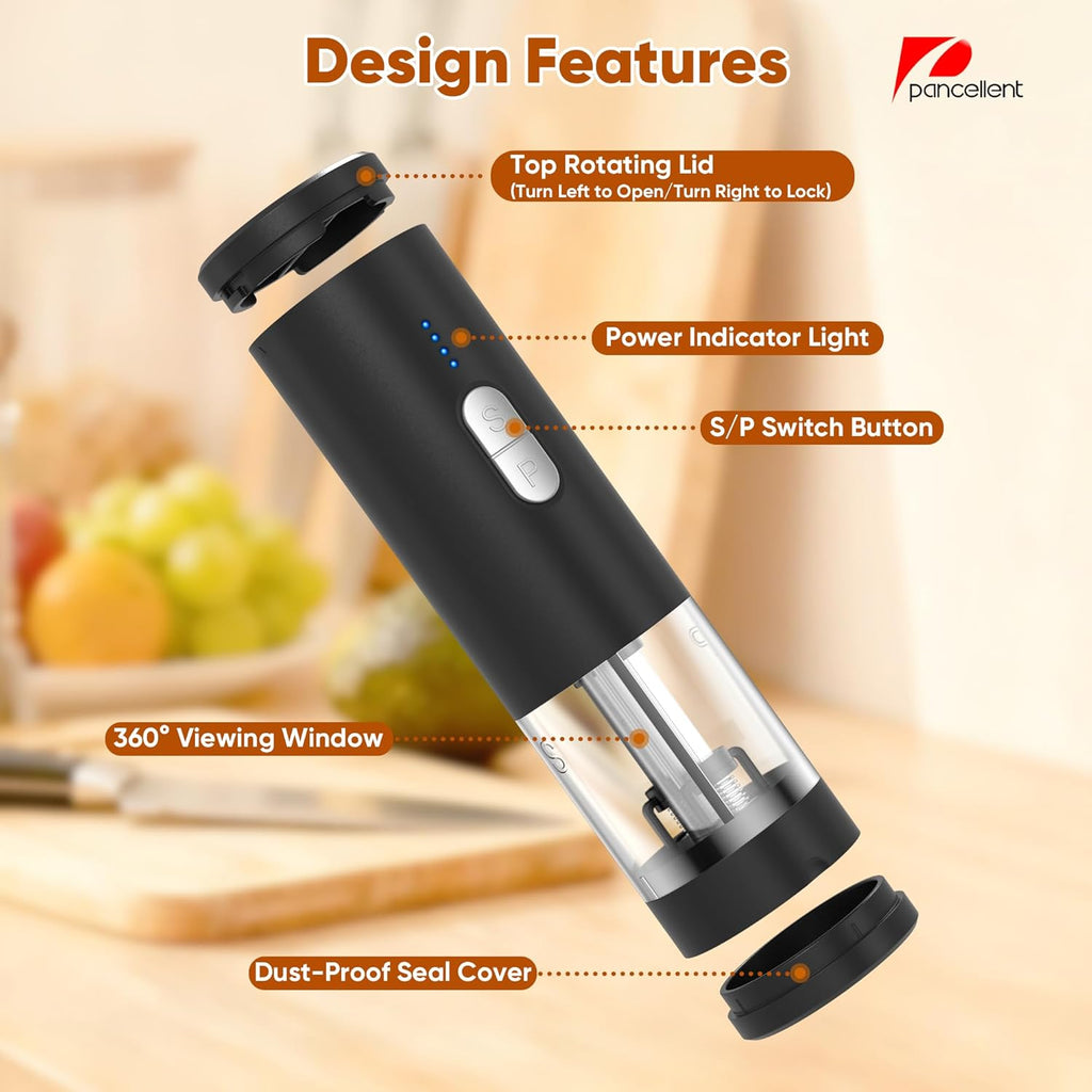 2 in 1 Electric Salt and Pepper Grinder Set (USB Rechargeable) Automatic Salt and Pepper Mill with LED Lighting One Hand Operated Adjustable Grit Perfect for Kitchen