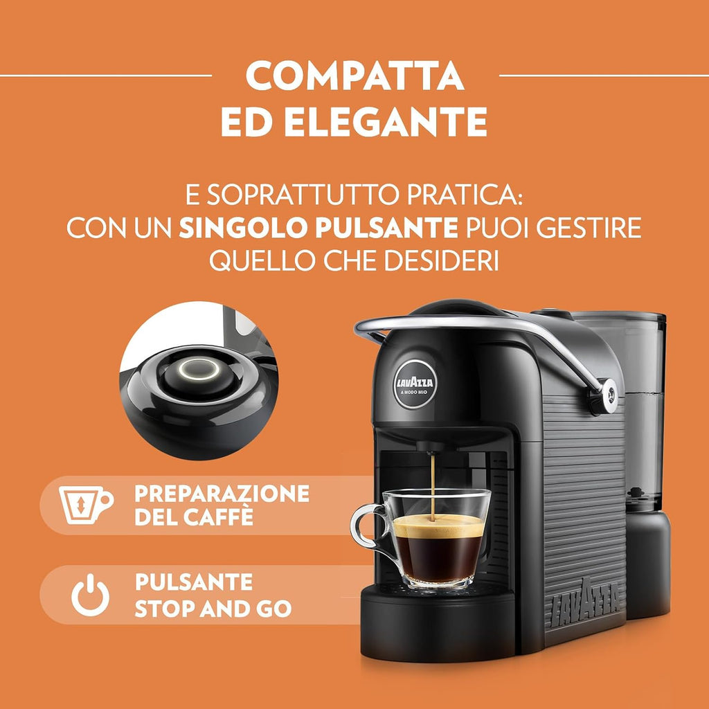 Lavazza A Modo Mio Jolie Evo, Macchina per Caffè Realizzata con 36% di Plastica Riciclata, Macchina Espresso con 64 Capsule Lavazza A Modo Mio Crema e Gusto Classico Incluse, Nera
