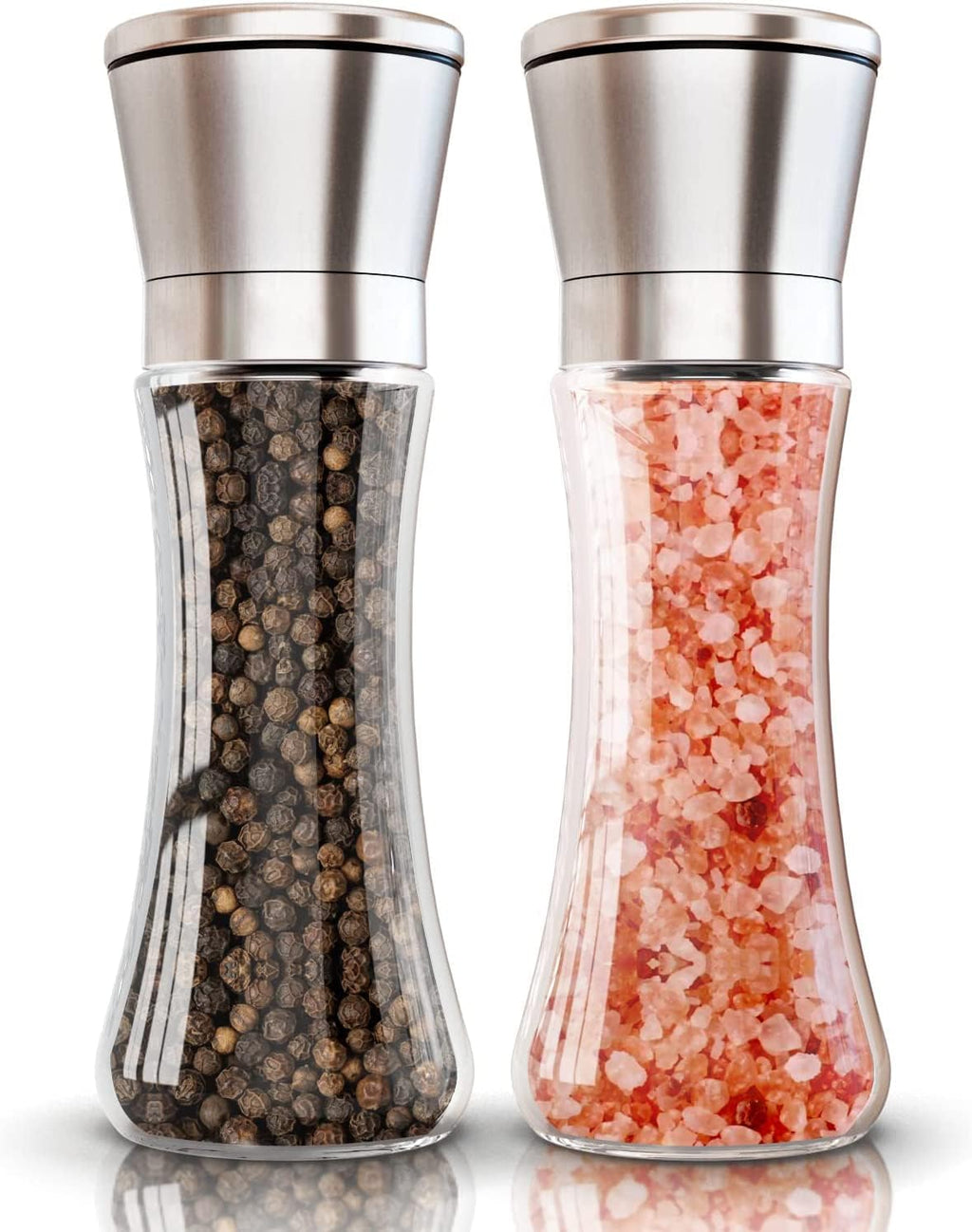 Set 2 Macina Sale e Pepe Manuale, Macinino per Pepe e Spezie in Acciaio Inox e Vetro con Nucleo in Ceramica Regolabile, Macinapepe per Cucina e Tavola