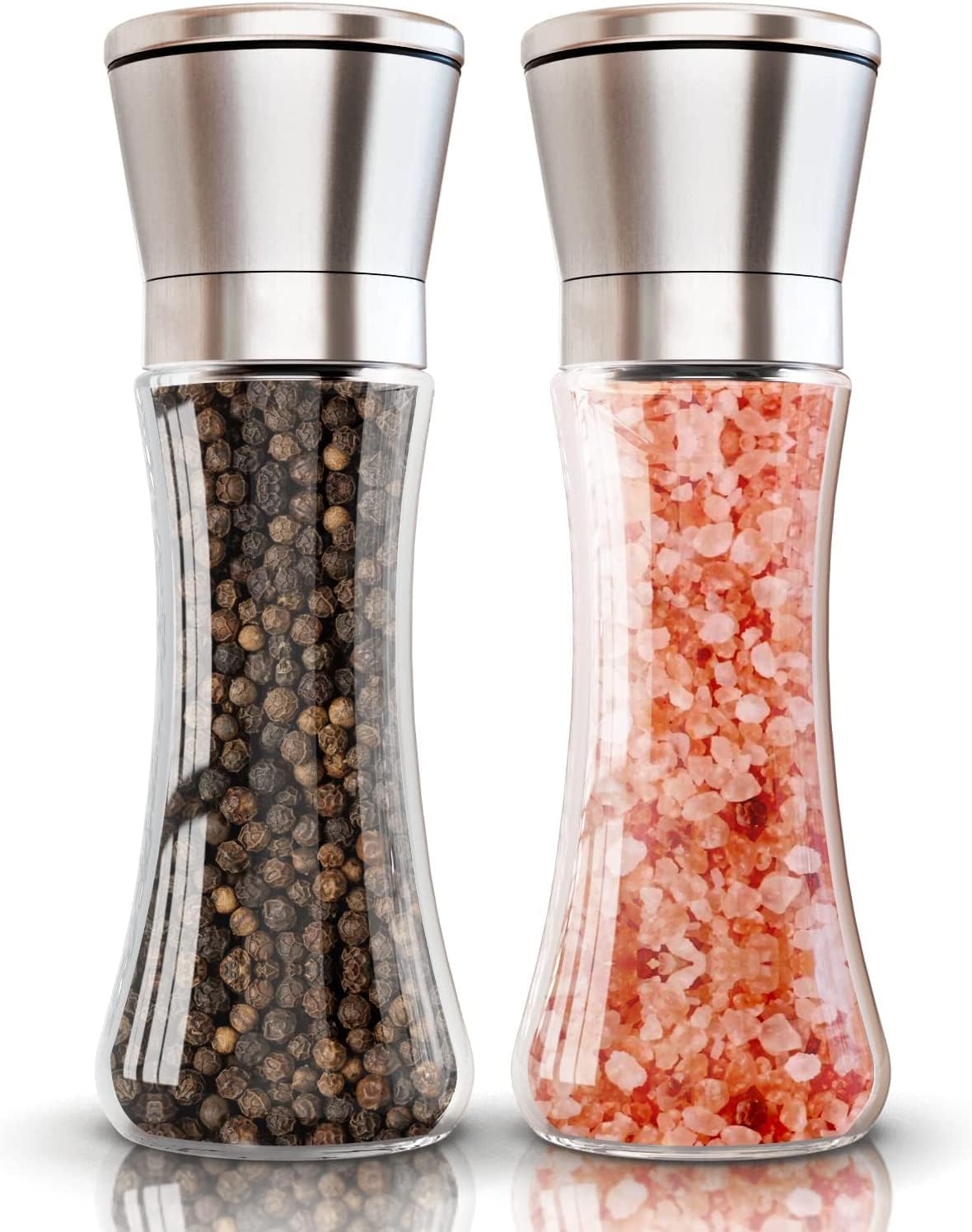 Set 2 Macina Sale e Pepe Manuale, Macinino per Pepe e Spezie in Acciaio Inox e Vetro con Nucleo in Ceramica Regolabile, Macinapepe per Cucina e Tavola