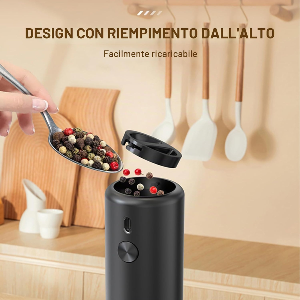 Electric Pepper and Salt Grinder 110ml USB Rechargeable Salt Pepper Mill Spice Grinder with 5 Levels of External Gear Adjustment with Viewing Window