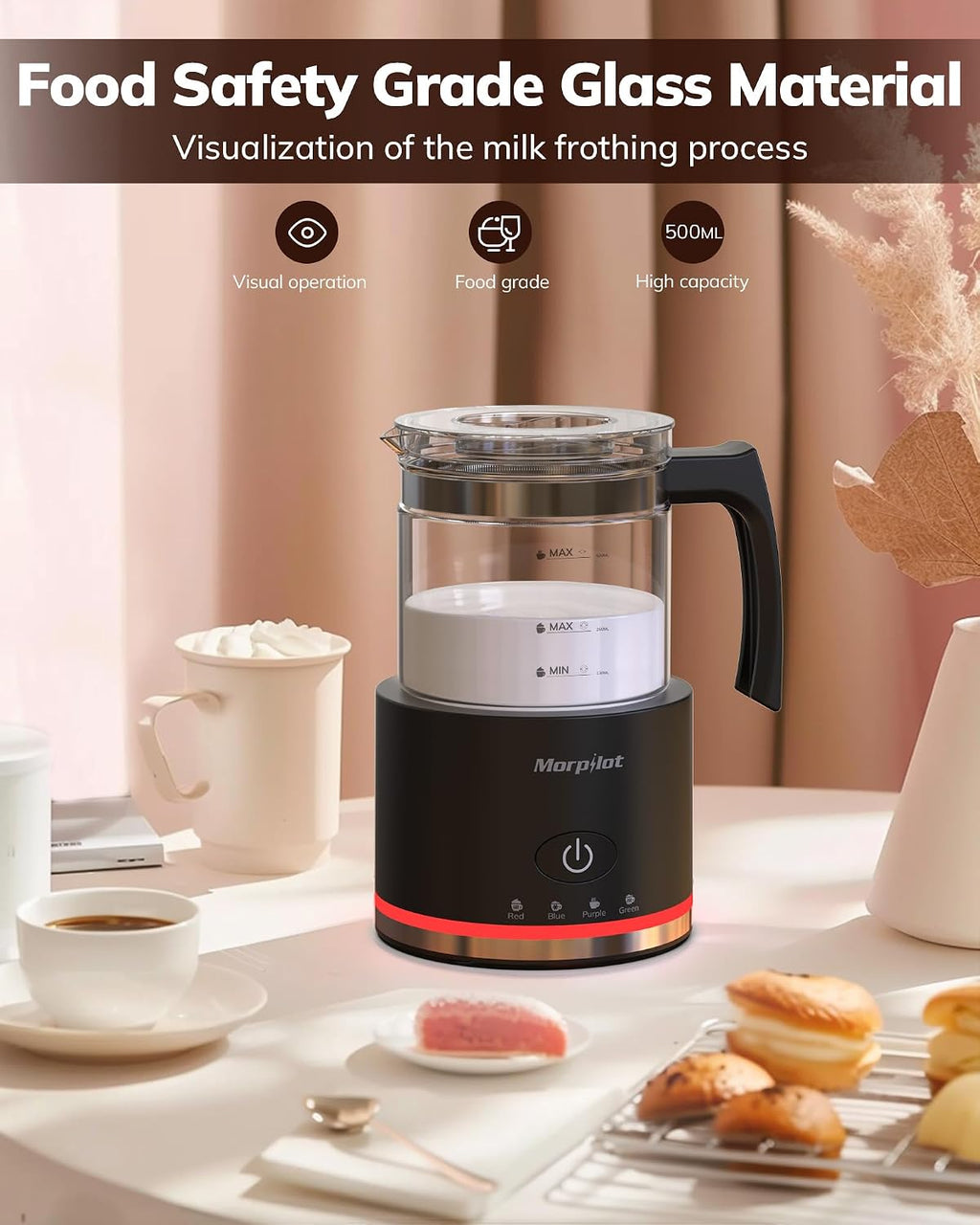 Morpilot Montalatte Elettrico, Milk Frother in Vetro, 4 in 1 Funzione, Bello da Vedere, Capacità 250ml per Schiumare o 500 ml per Riscaldare, Design Diviso, Nero