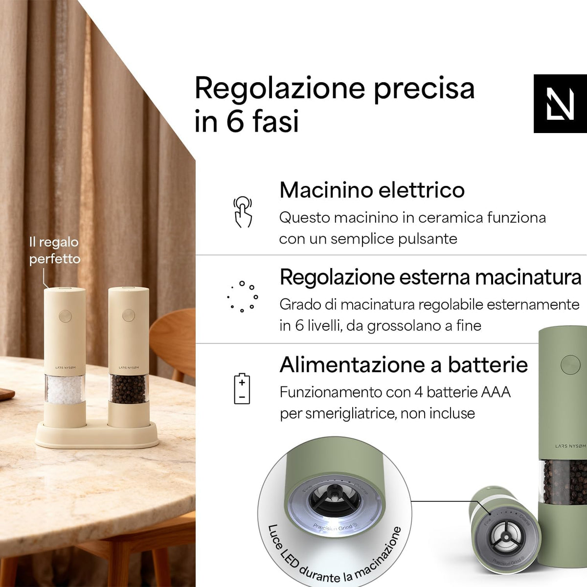LARS NYSØM Electric Salt and Pepper Mill - Automatic - Salt and Pepper