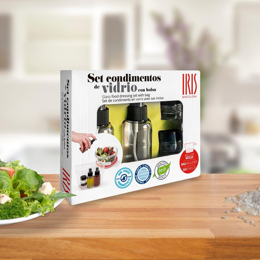 IRIS Glass Food Dressing Set of 2 Spray Bottles Liquids (Oil & Vinegar) 50 ml 2 Screw-Top Containers for Spices 10 ml Each Seasoning Glass, Stainless Steel