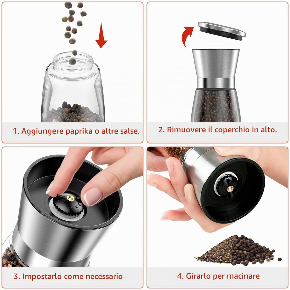 DEPAR Set of 4 Salt and Pepper Mills - High Quality Stainless Steel - High Quality Glass Container - Adjustable Ceramic Salt Grinding Mechanism