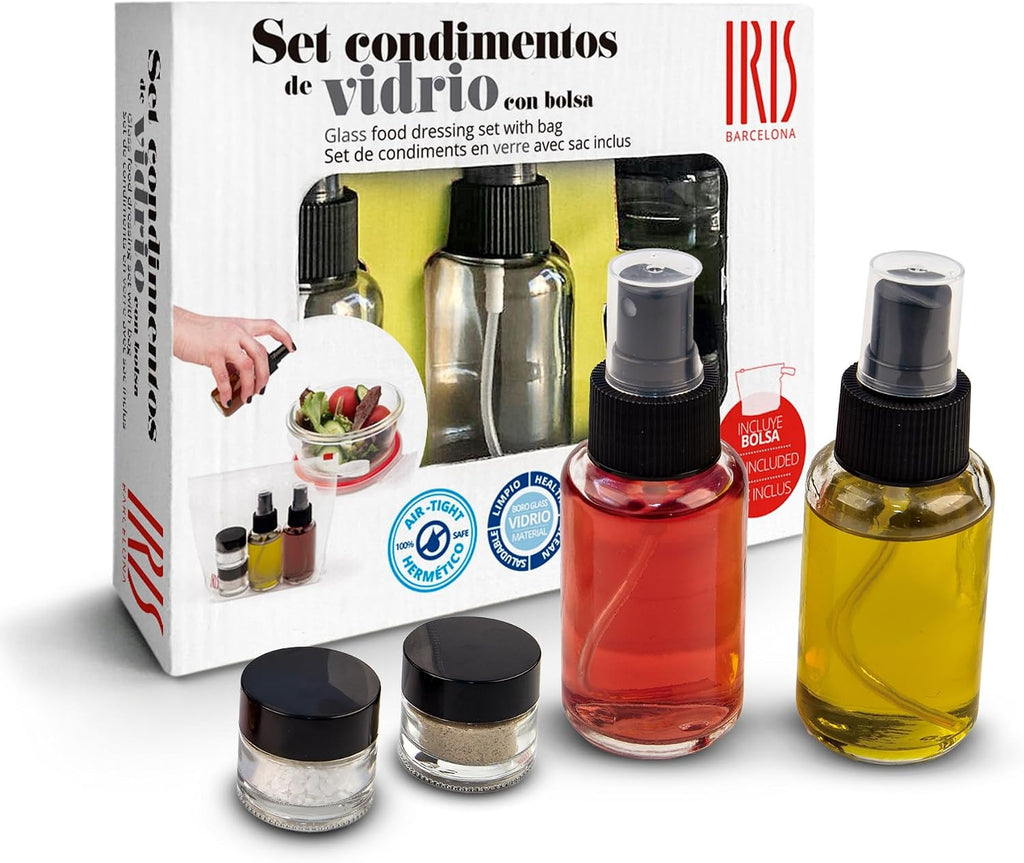 IRIS Glass Food Dressing Set of 2 Spray Bottles Liquids (Oil & Vinegar) 50 ml 2 Screw-Top Containers for Spices 10 ml Each Seasoning Glass, Stainless Steel