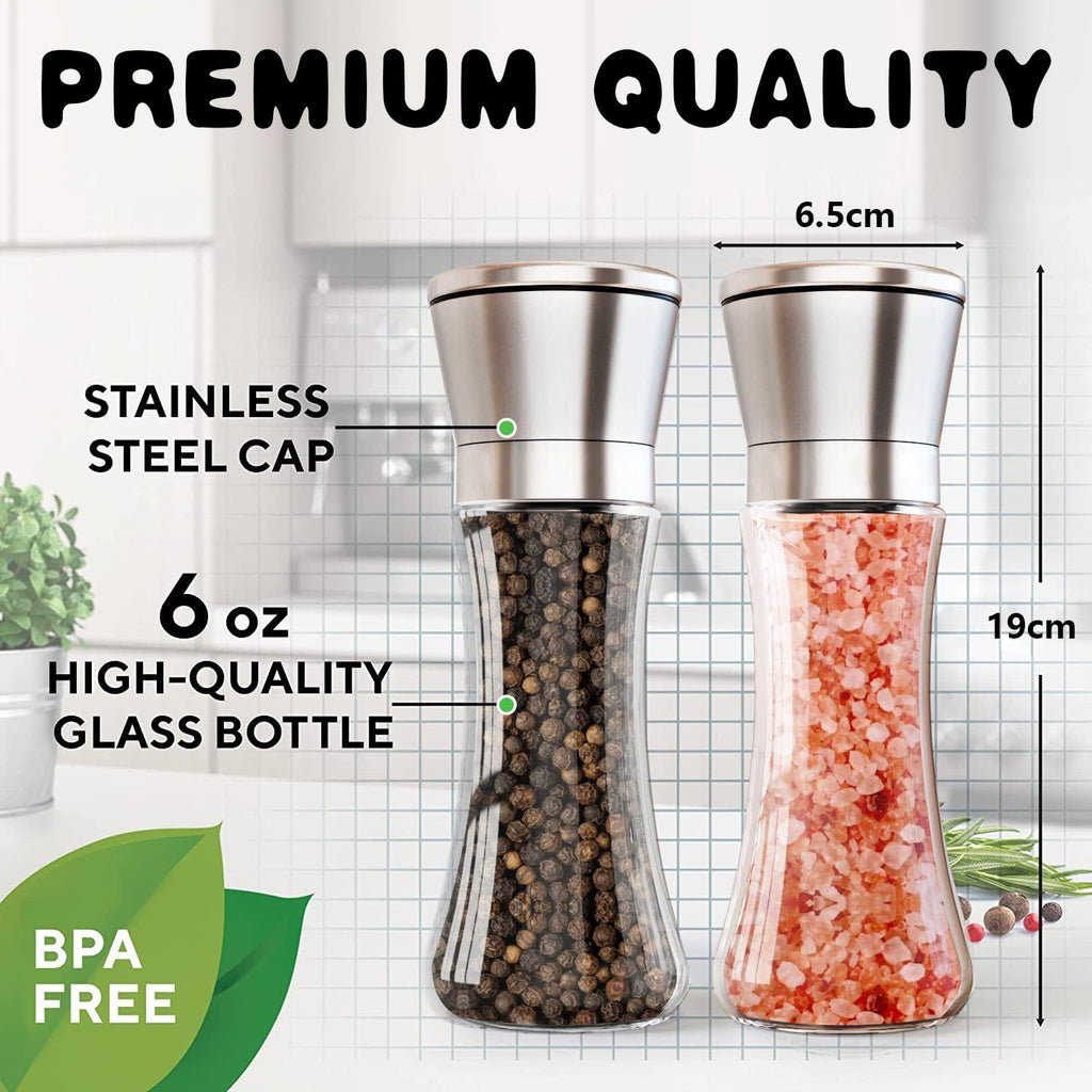 Set 2 Macina Sale e Pepe Manuale, Macinino per Pepe e Spezie in Acciaio Inox e Vetro con Nucleo in Ceramica Regolabile, Macinapepe per Cucina e Tavola