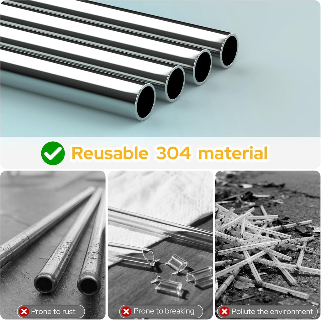Euqvunn Set of 16 Reusable Straws - 8 Straight and 8 Curves (Long and Short), Stainless Steel Straws with 2 Cleaning Brushes and Bag, Dishwasher Safe