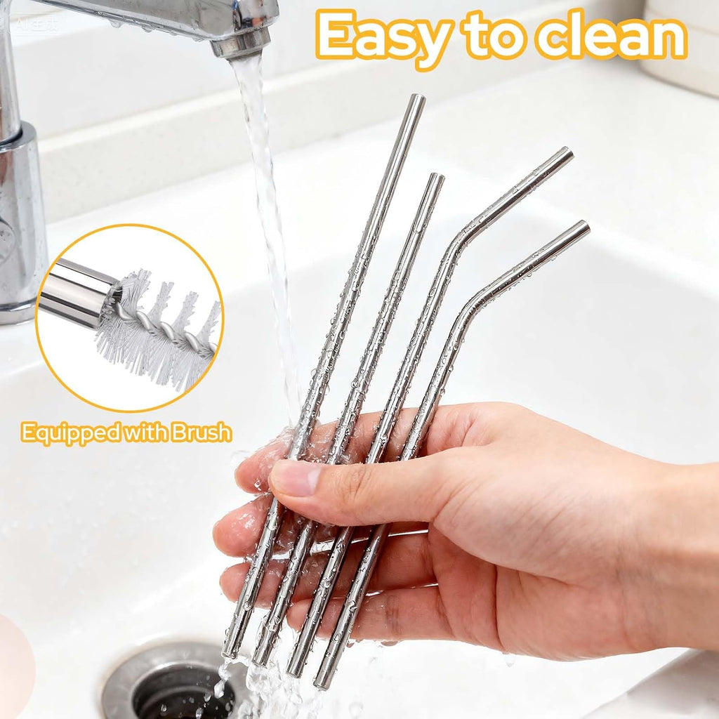 Euqvunn Set of 16 Reusable Straws - 8 Straight and 8 Curves (Long and Short), Stainless Steel Straws with 2 Cleaning Brushes and Bag, Dishwasher Safe