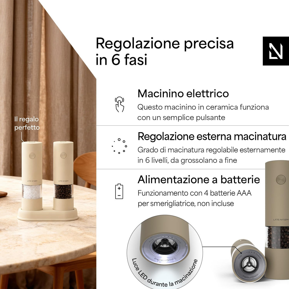 LARS NYSØM Electric Salt and Pepper Mill - Automatic - Salt and Pepper