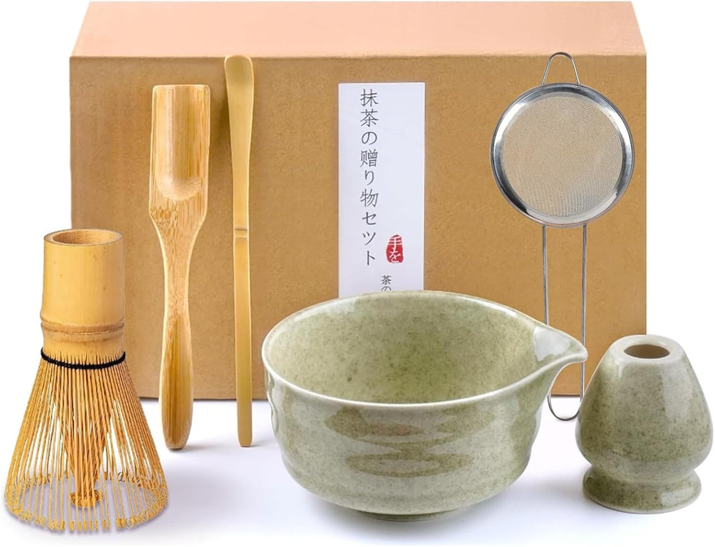 Matcha Kit, Matcha Set of 6 Pieces with Matcha Whisk, Matcha Bowl, Matcha Filter, 2 Spoon and Ceramic Holder, Matcha Set Ideal for Matcha Tea Making (A)