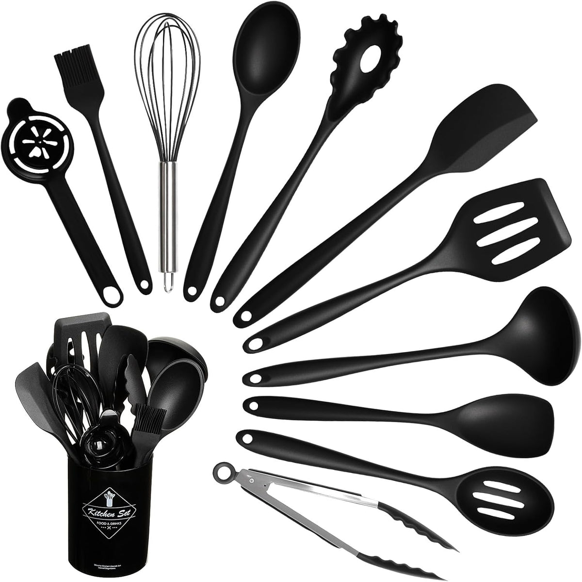 VINATO Set di Utensili da Cucina in Silicone, 12 Pezzi, Utensili Cucina, Senza BPA per Cottura, Adatto Lavastoviglie, Nero