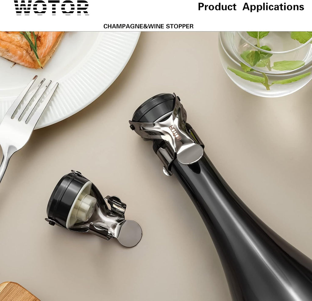 WOTOR Sparkling Wine Stopper, Wine Bottle Stoppers, Leak Proof, Keep Fresh, Reusable Wine Accessories, Suitable for Red Wine, Champagne, Prosecco, Sparkling Wine (Black, 2 Pack)