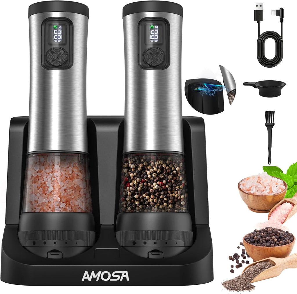 AMOSA Electric Salt and Pepper Mill Set, Battery Display, Rechargeable Base