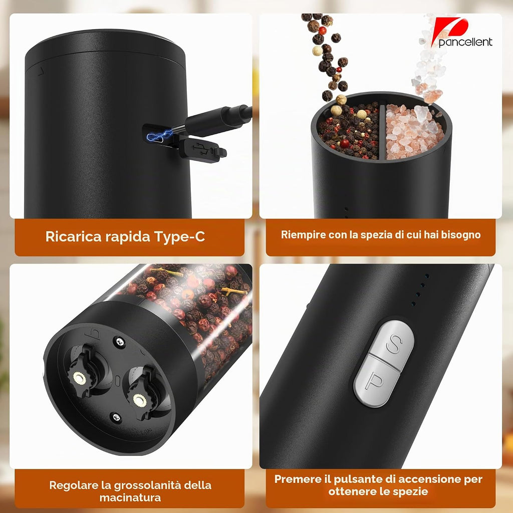 2 in 1 Electric Salt and Pepper Grinder Set (USB Rechargeable) Automatic Salt and Pepper Mill with LED Lighting One Hand Operated Adjustable Grit Perfect for Kitchen