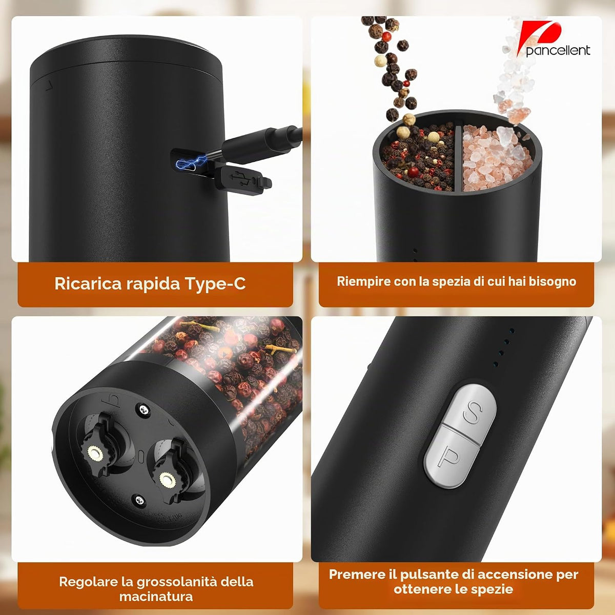 2 in 1 Electric Salt and Pepper Grinder Set (USB Rechargeable) Automatic Salt and Pepper Mill with LED Lighting One Hand Operated Adjustable Grit Perfect for Kitchen