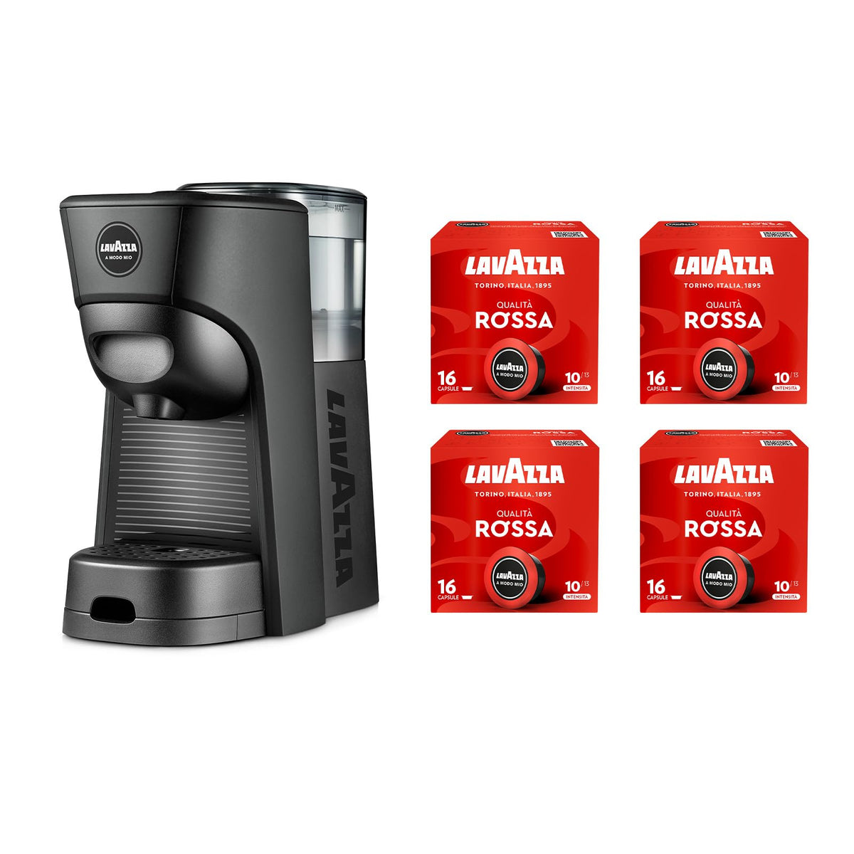 Lavazza, A Modo Mio Macchina per Caffè Tiny Bianca con 64 Capsule Qualità Rossa Incluse, Macchina per Espresso in Plastica Riciclata, 1450 W, 220-240 V, 50/60 Hz, 0.6 Litri