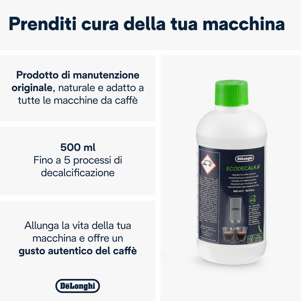 De'Longhi EcoDecalk Decalcificante DLSC500, 5 Dosi di Decalcificazione, Accessorio Manutenzione Macchina da Caffè, Ingredienti di Origine Vegetale, Bottiglia Con 5 Dosi, 500ml
