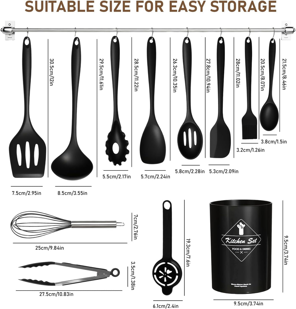 VINATO Set di Utensili da Cucina in Silicone, 12 Pezzi, Utensili Cucina, Senza BPA per Cottura, Adatto Lavastoviglie, Nero