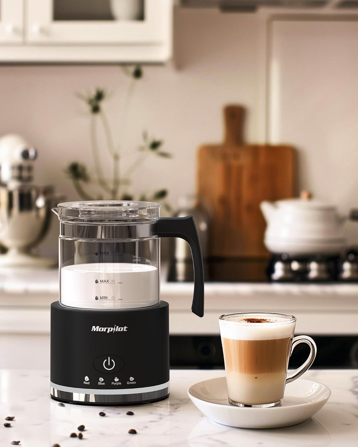 Morpilot Montalatte Elettrico, Milk Frother in Vetro, 4 in 1 Funzione, Bello da Vedere, Capacità 250ml per Schiumare o 500 ml per Riscaldare, Design Diviso, Nero