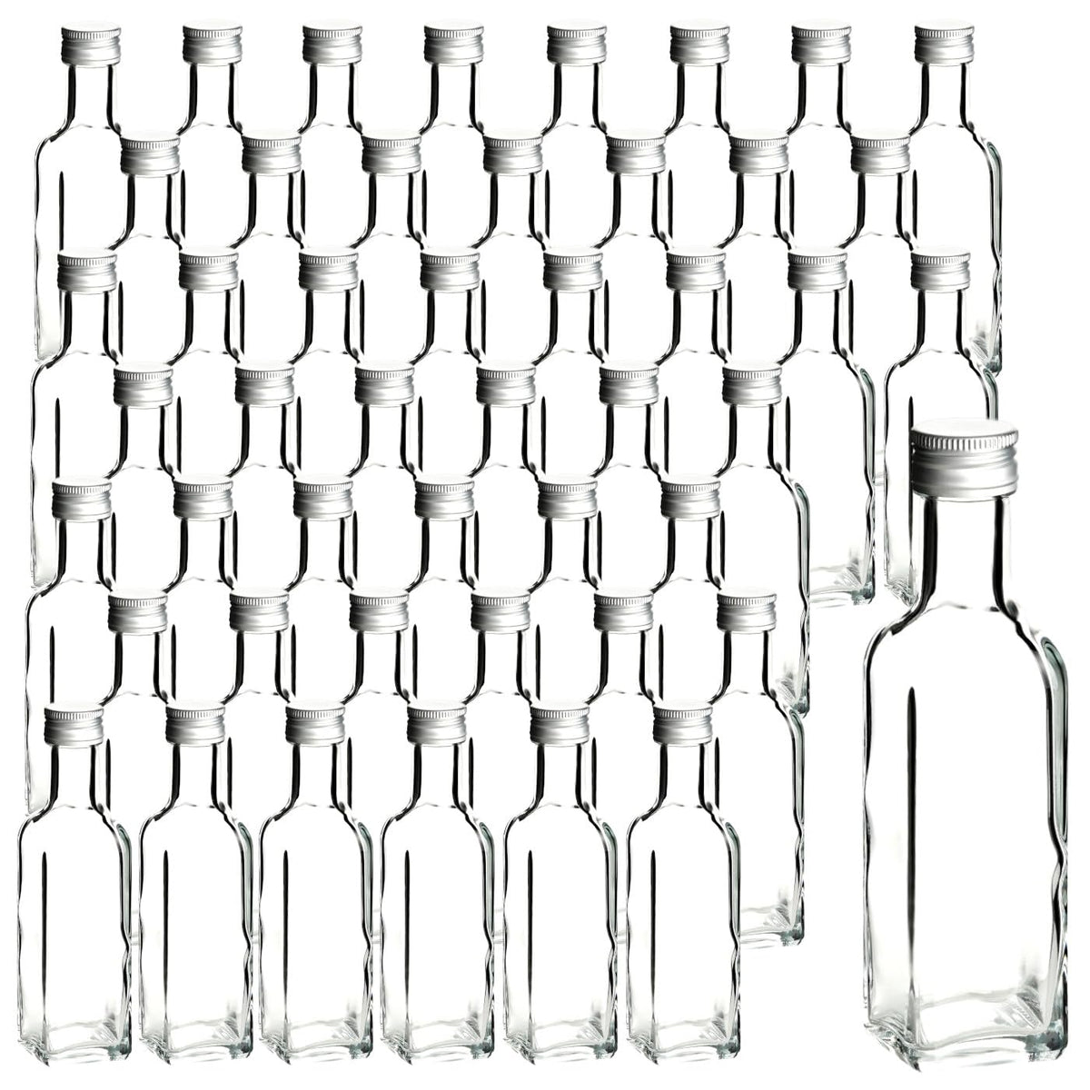 gouveo Set of 24 Square Maraska Glass Bottles (0.10L) with Gold Screw Cap PP 24 for Liqueur Syrup Oil Vinegar Portion and Tasting Bottles (MFET100G)