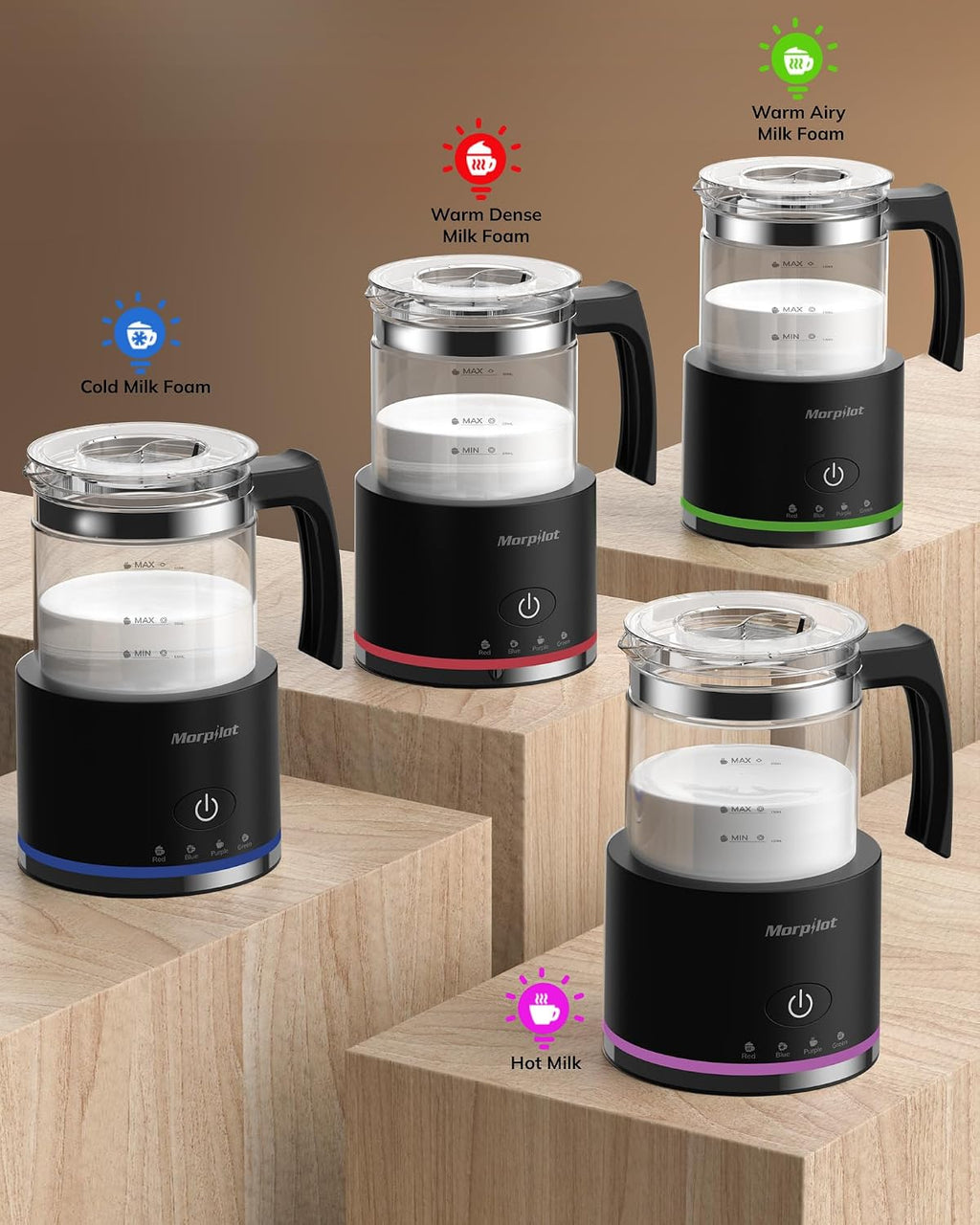 Morpilot Montalatte Elettrico, Milk Frother in Vetro, 4 in 1 Funzione, Bello da Vedere, Capacità 250ml per Schiumare o 500 ml per Riscaldare, Design Diviso, Nero