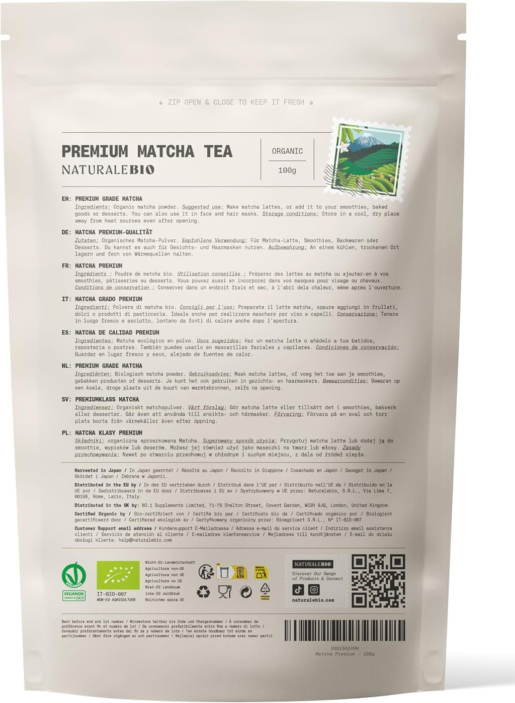 NaturaleBio Matcha Premium Giapponese Bio in Polvere con L-Teanina