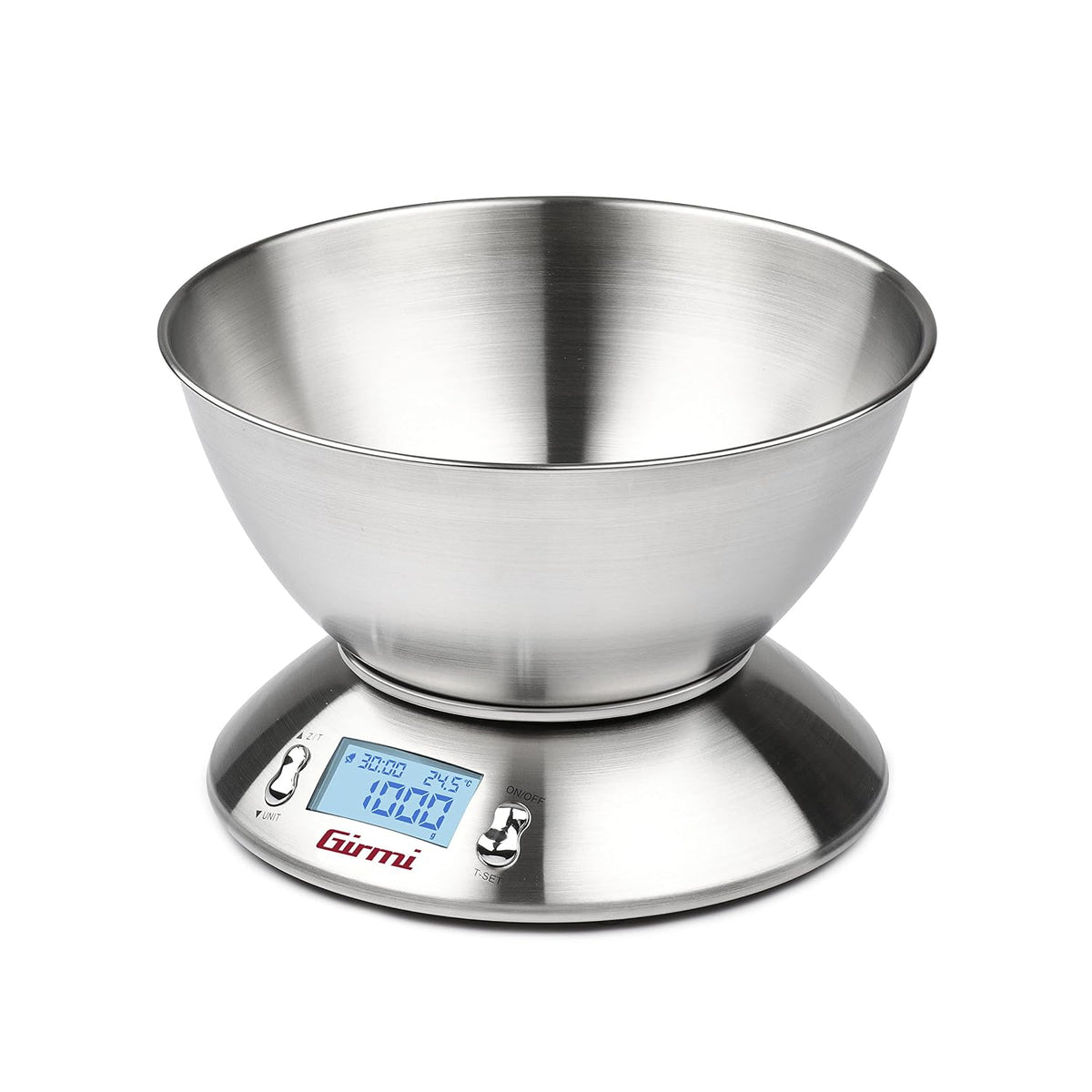 Girmi PS85 Bilancia Elettronica da Cucina,1 g/5 kg, Grande ciotola 2 L, Corpo e Ciotola Inox, Display retroilluminato, Funzione TARA, Timer