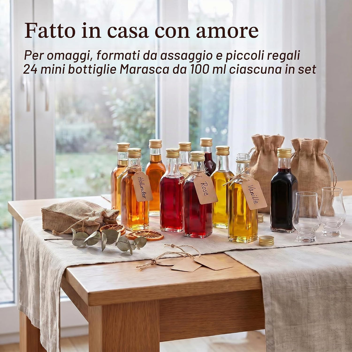 gouveo Set of 24 Square Maraska Glass Bottles (0.10L) with Gold Screw Cap PP 24 for Liqueur Syrup Oil Vinegar Portion and Tasting Bottles (MFET100G)