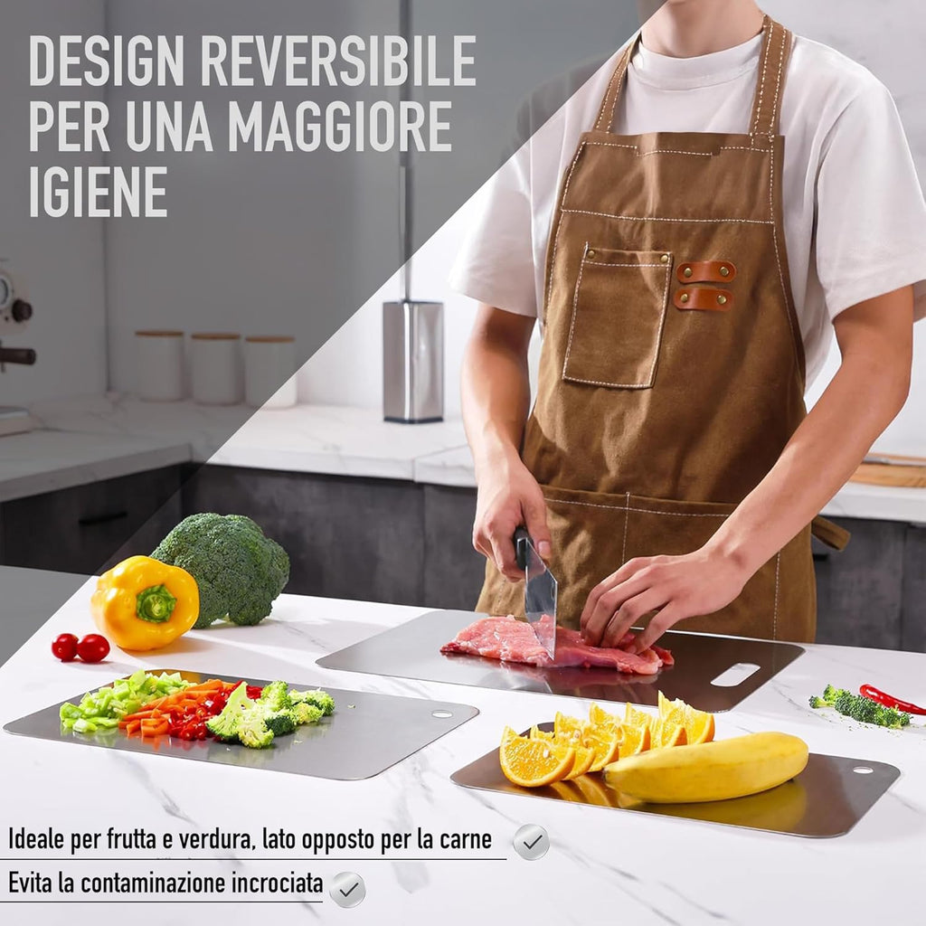 Set di 3 - Tagliere Acciaio Inox Reversibile in Lega Titanio – Set da Cucina Professionale SUS316/SUS 304 + Ganci e Panni – Tagliere in Acciaio Inox Alimentare - Antibatterico e Resistente | 3‑Stars