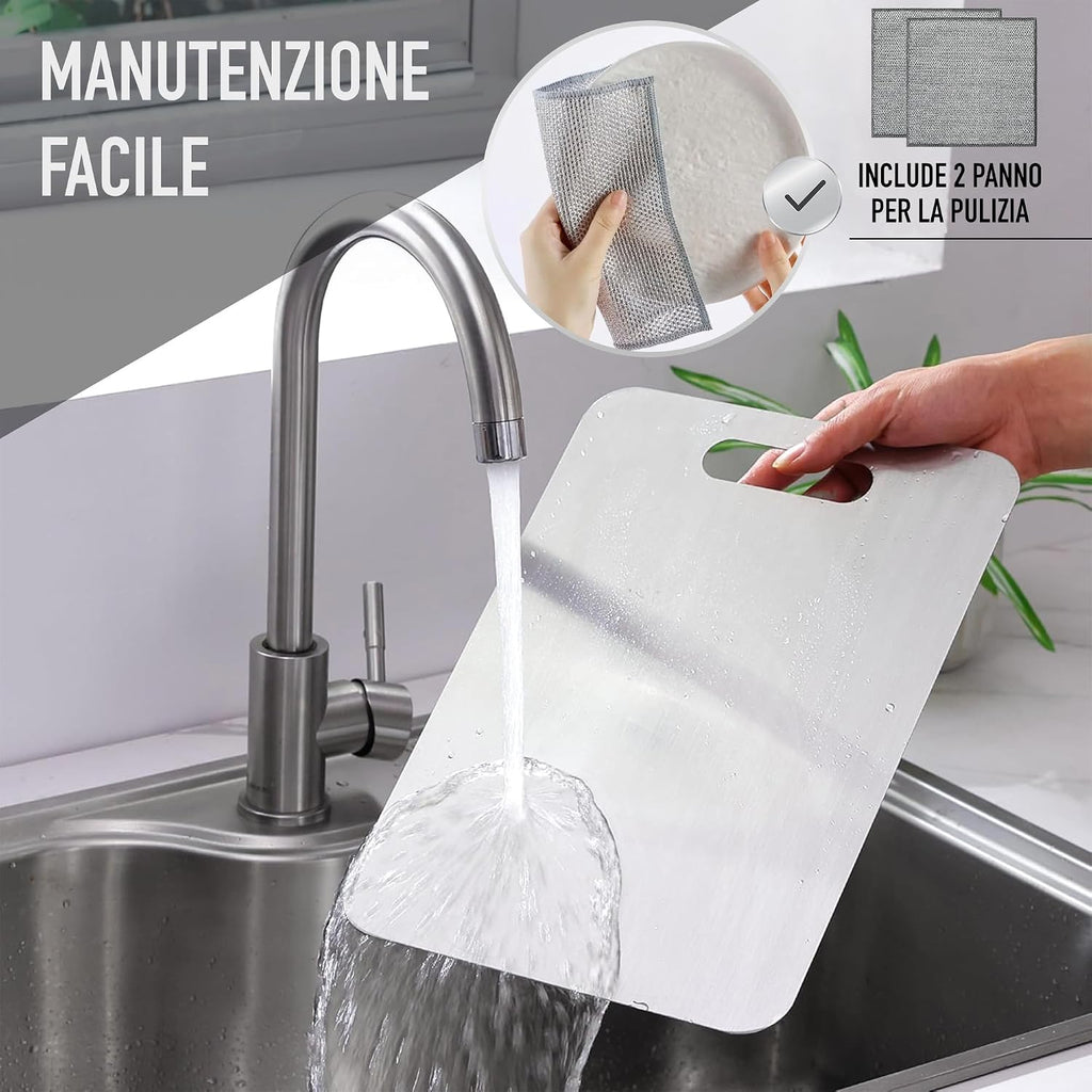 Set di 3 - Tagliere Acciaio Inox Reversibile in Lega Titanio – Set da Cucina Professionale SUS316/SUS 304 + Ganci e Panni – Tagliere in Acciaio Inox Alimentare - Antibatterico e Resistente | 3‑Stars