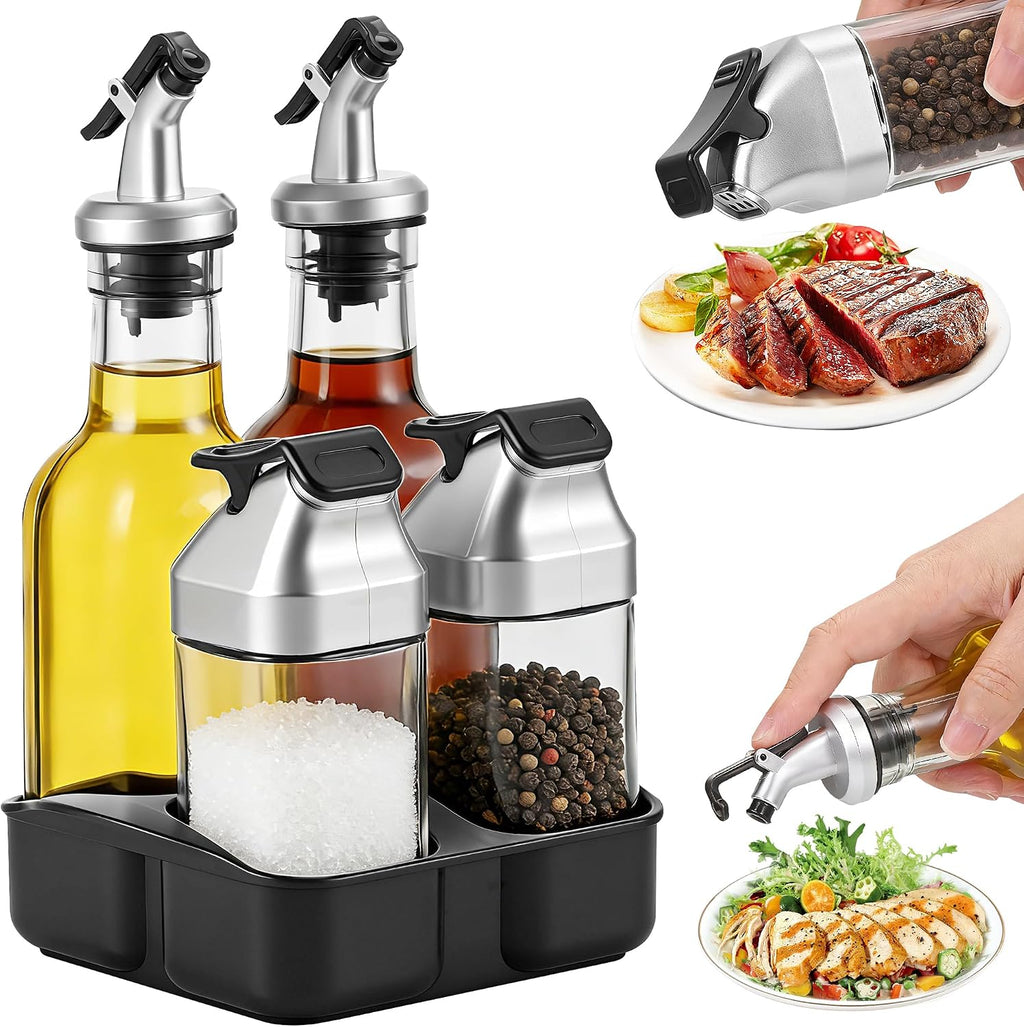 5 Piece Set of Oil Vinegar Salt Pepper, Glass Without Lead