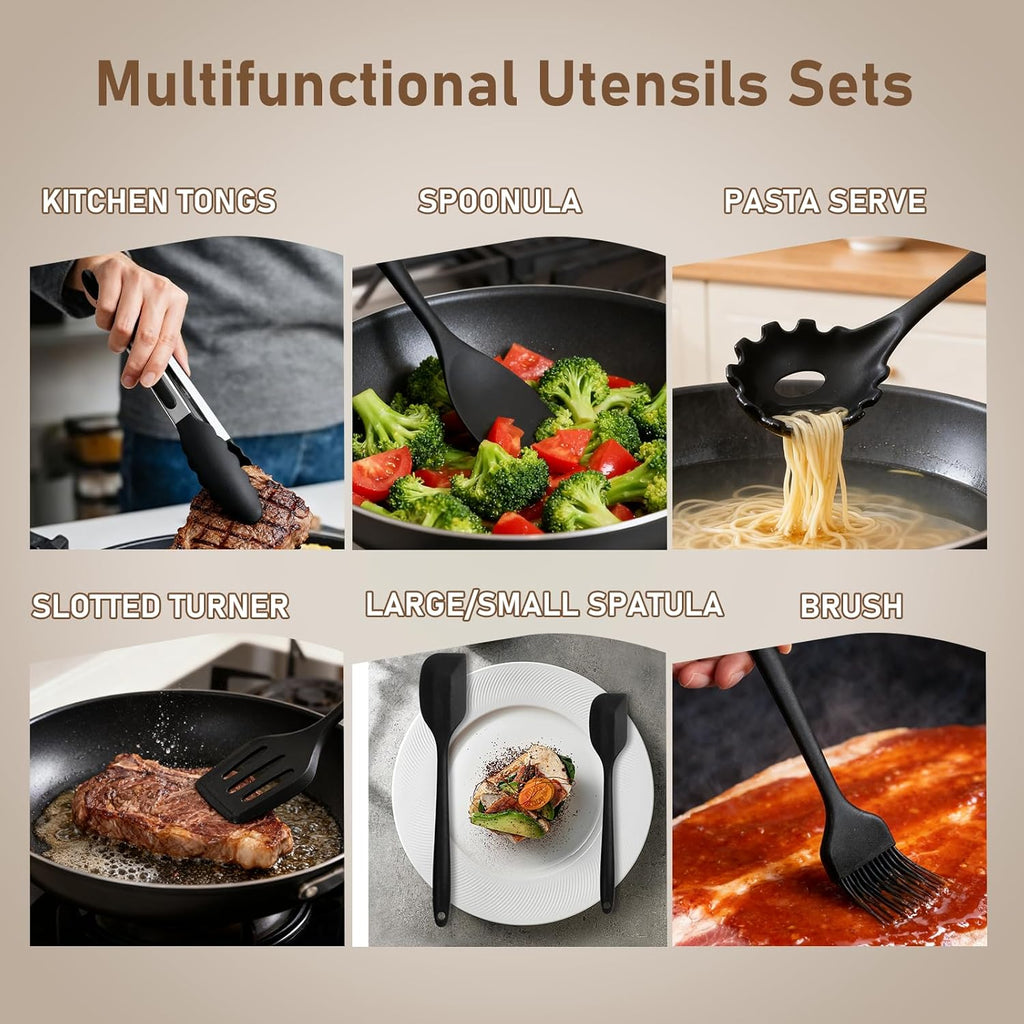 VINATO Set di Utensili da Cucina in Silicone, 12 Pezzi, Utensili Cucina, Senza BPA per Cottura, Adatto Lavastoviglie, Nero