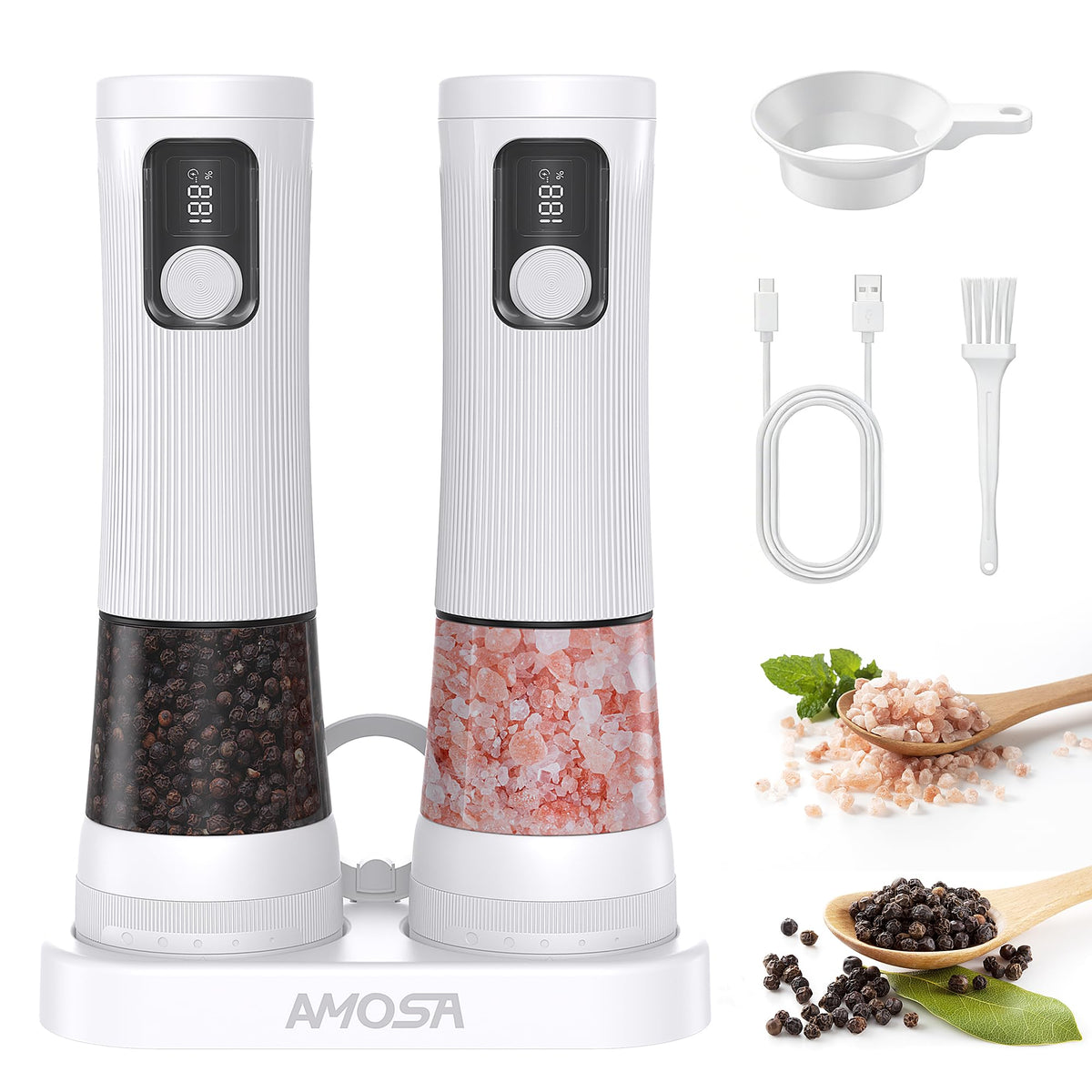 AMOSA Electric Salt and Pepper Mill Set, Battery Display, Rechargeable Base