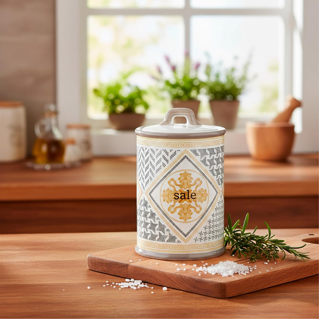 Baroni Home Ceramic Salt Jar Decorated with Airtight Lid, Colourful Durable Kitchen Accessory, Domus Line, 11 x 11 x 17 cm