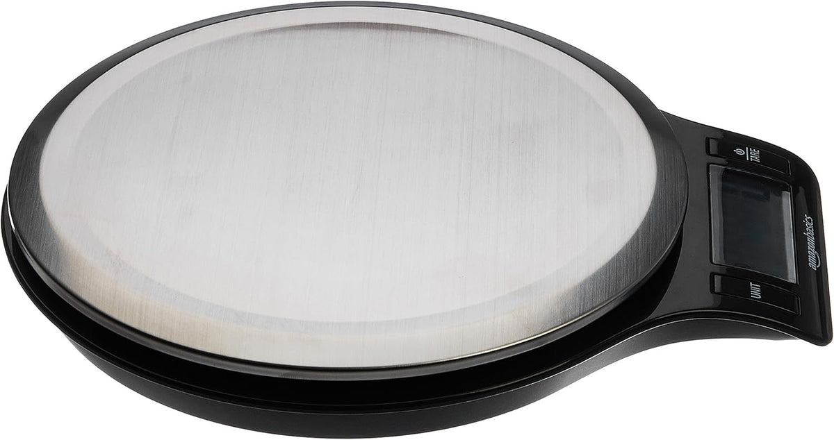 Amazon Basics Bilancia digitale da cucina con display LCD, priva di bisfenolo A (pile incluse), Pesa fino a 11 libbre, Nero e acciaio inossidabile