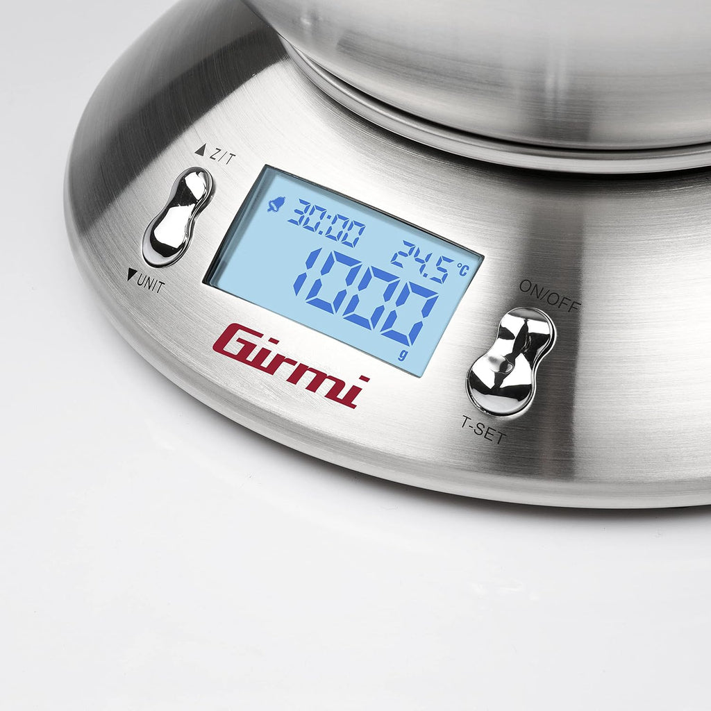 Girmi PS85 Bilancia Elettronica da Cucina,1 g/5 kg, Grande ciotola 2 L, Corpo e Ciotola Inox, Display retroilluminato, Funzione TARA, Timer