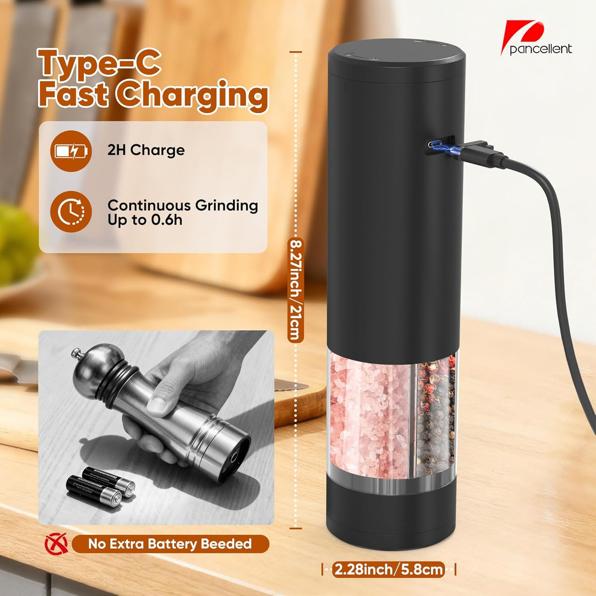 2 in 1 Electric Salt and Pepper Grinder Set (USB Rechargeable) Automatic Salt and Pepper Mill with LED Lighting One Hand Operated Adjustable Grit Perfect for Kitchen