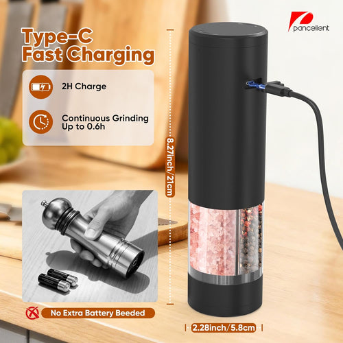 2 in 1 Electric Salt and Pepper Grinder Set (USB Rechargeable) Automatic Salt and Pepper Mill with LED Lighting One Hand Operated Adjustable Grit Perfect for Kitchen