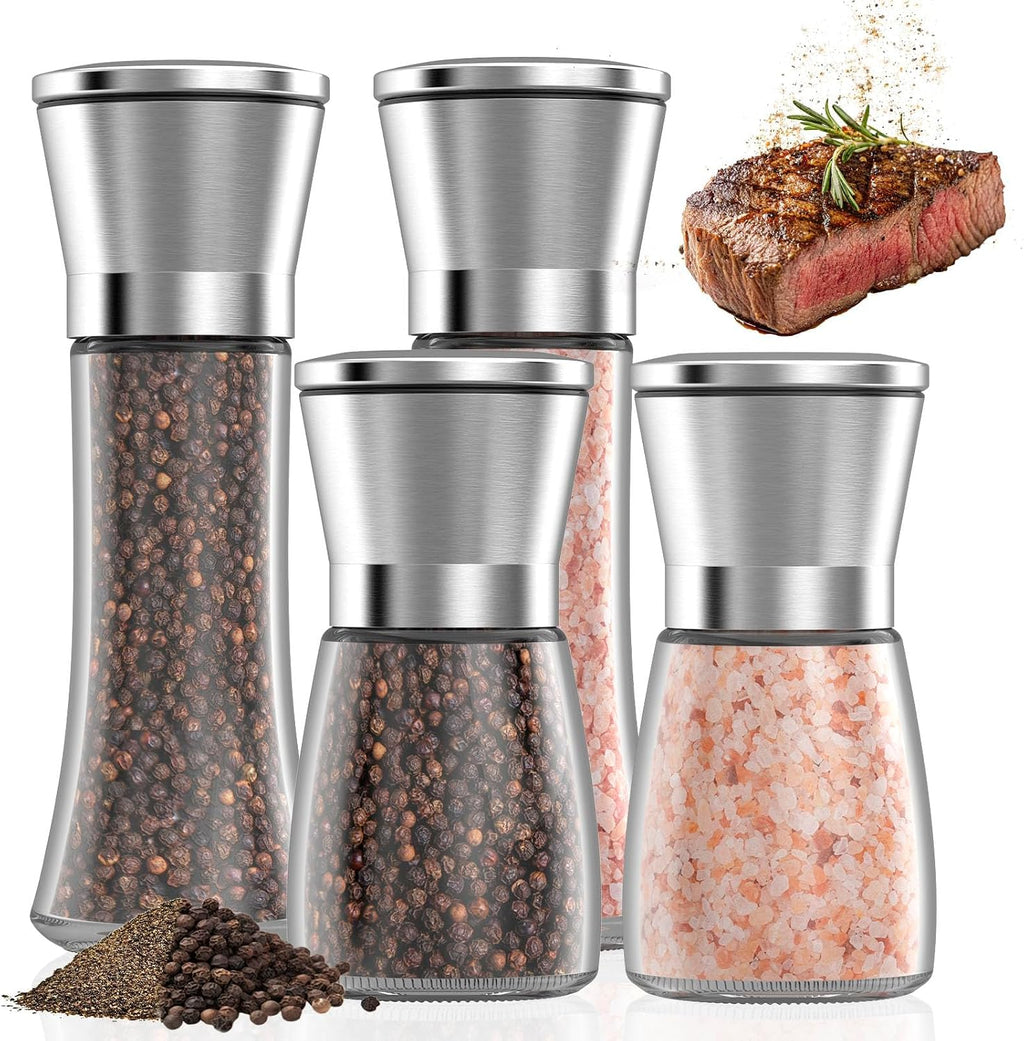 DEPAR Set of 4 Salt and Pepper Mills - High Quality Stainless Steel - High Quality Glass Container - Adjustable Ceramic Salt Grinding Mechanism