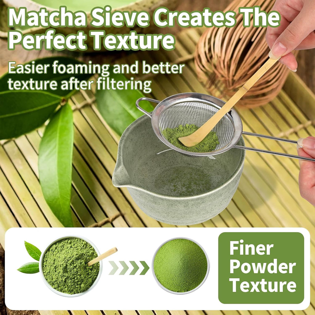 Matcha Kit, Matcha Set of 6 Pieces with Matcha Whisk, Matcha Bowl, Matcha Filter, 2 Spoon and Ceramic Holder, Matcha Set Ideal for Matcha Tea Making (A)